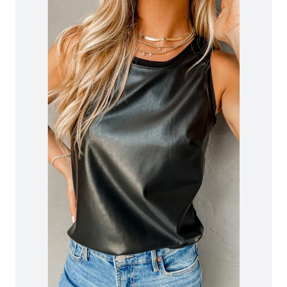 Lovesoft faux leather crew tank Sz. M black NWT